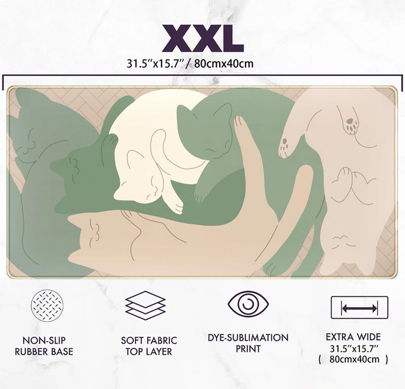 Mechanical Cattle Cute Sleeping Cats Desk Mat Matcha Green Desk Pad  Minimalist Boho Mouse Pad XXL  Cream Tan Gaming Deskmat  Large Kawaii Keyboard Mat  Fun Office Decor Desk Accessories for Women 31.5""x15.75"" - Image 3
